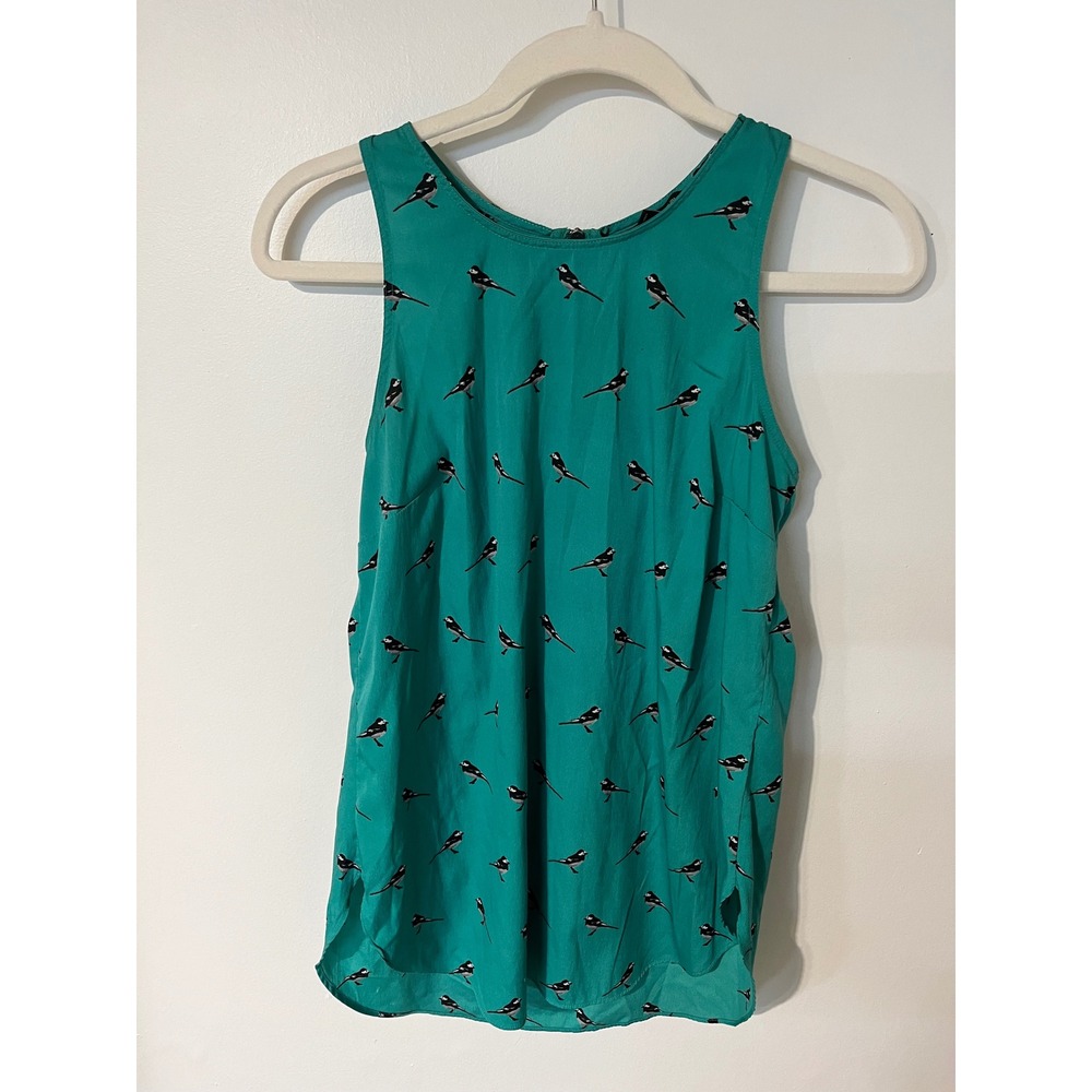 Banana Republic Women Green Bird Print Sleeveless Blouse Back Zip Top XS